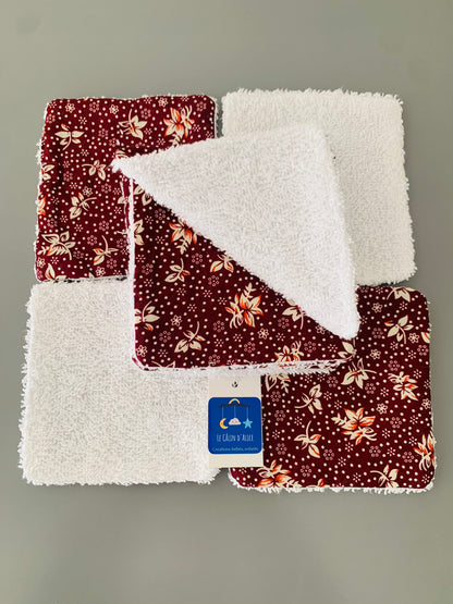 Lot de 8 Lingettes Lavables Bébé Motif Fleuri Fond Rouge – Coton Oeko-Tex Fait Main | Cadeau Naissance