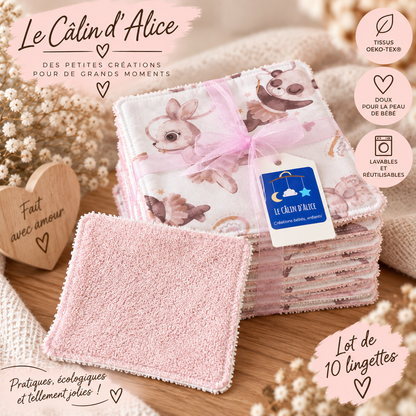 Lot de lingettes bébé réutilisables avec une face éponge rose