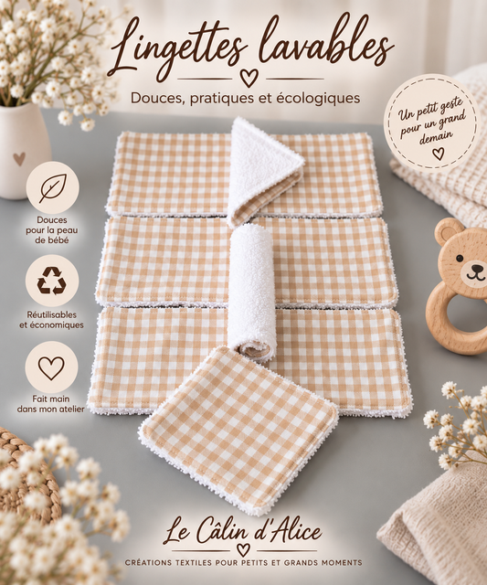Lot de 10 lingettes lavables bébé motif Vichy beige