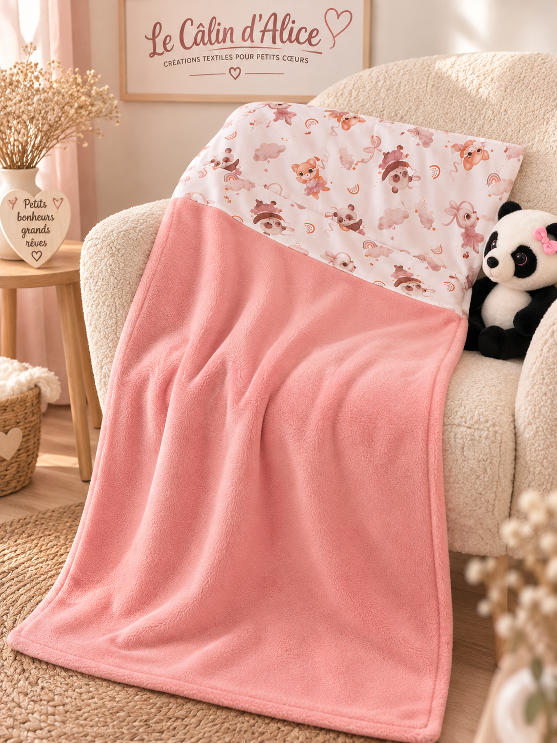 Couverture naissance douce motif animaux danseuse en coloris rose