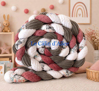 Tresse de lit 4 brins – Minky à pois rose framboise & blanc, gris rayures & animaux savane fleuris