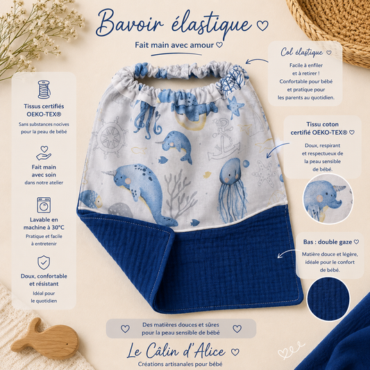Bavoir élastique bébé animaux de la mer et double gaze fait main – Le Câlin d'Alice