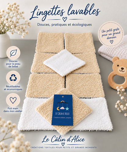 Lot de lingettes bébé réutilisables en coton certifié Oeko-Tex®