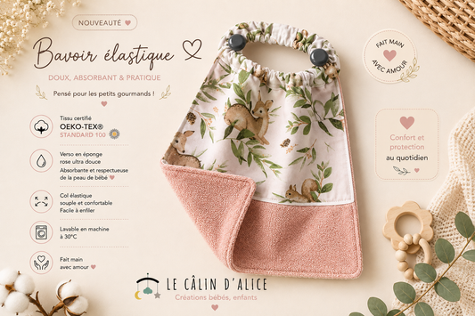 Bavoir élastique bébé motif biche écureuil et éponge rose fait main – Le Câlin d'Alice
