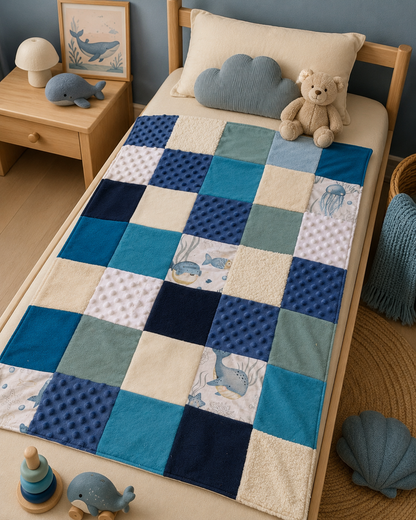 Couverture patchwork bleu motif animaux de la mer