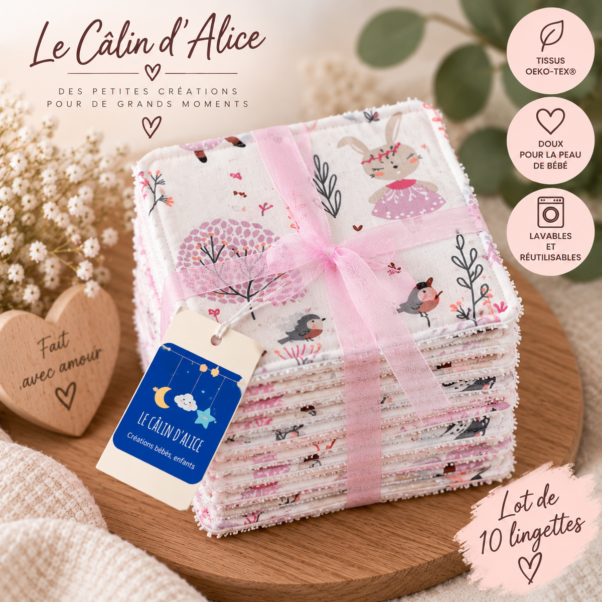 Lingette lavable bébé en tissu imprimé motif biche lapin danseuse