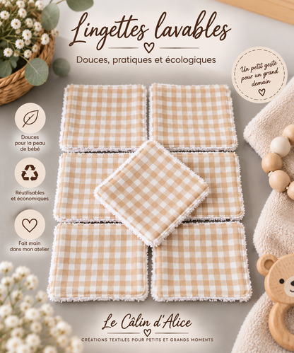 Lot de lingettes bébé réutilisables en coton certifié Oeko-Tex®