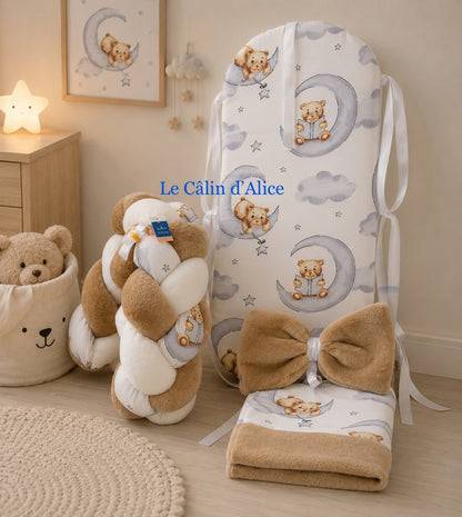 Ensemble Cocon Bébé – Réducteur de Lit, Tresse, Nœud et Couverture Assortis