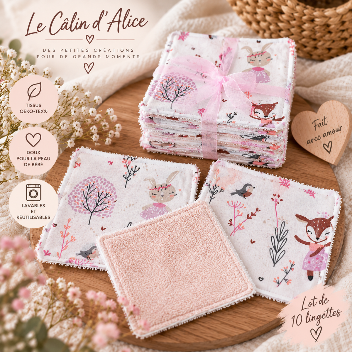 Lot de lingettes bébé réutilisables avec une face éponge rose