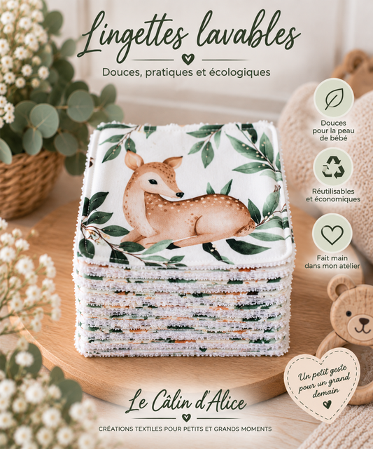 Lot de 8 lingettes lavables bébé motif animaux de la forêt