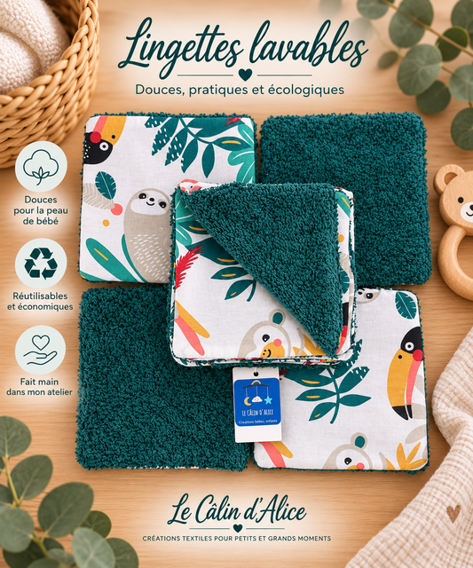 Lot de 10 lingettes lavables bébé motif jungle