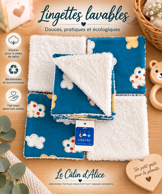 Lot de 10 lingettes lavables bébé motif nuage