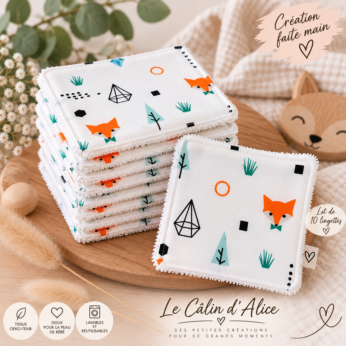 Lingette lavable bébé en tissu imprimé motif renard