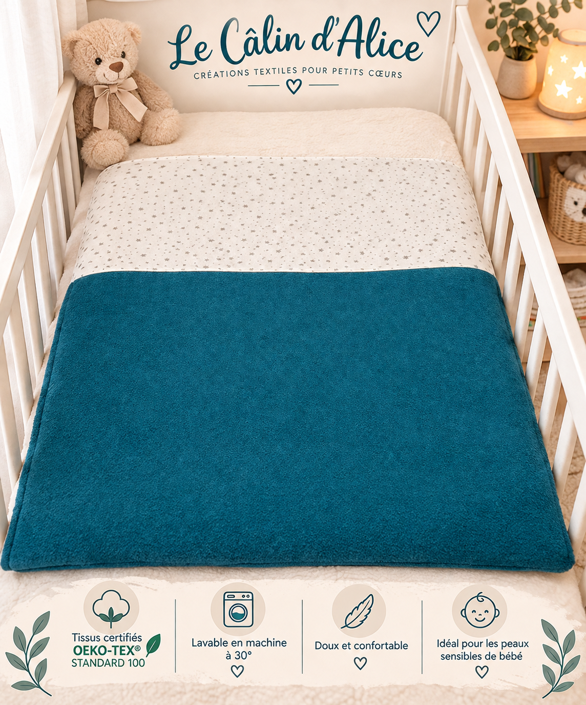 Couverture bébé avec tissu étoilé présentée dans une chambre d’enfant