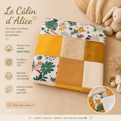 Couverture patchwork jaune, motif jungle