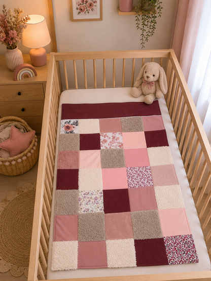Couverture patchwork rose motif fleurs