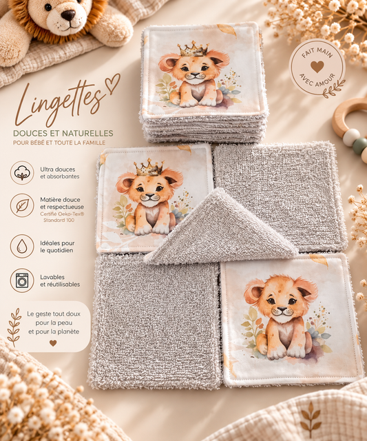 Lot de 10 lingettes lavables bébé motif lion