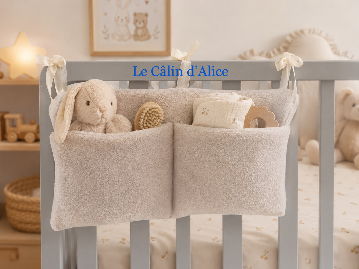 Range Doudou Bébé ultra doux couleur beige  – Organisateur de Lit Fait Main | Cadeau Naissance