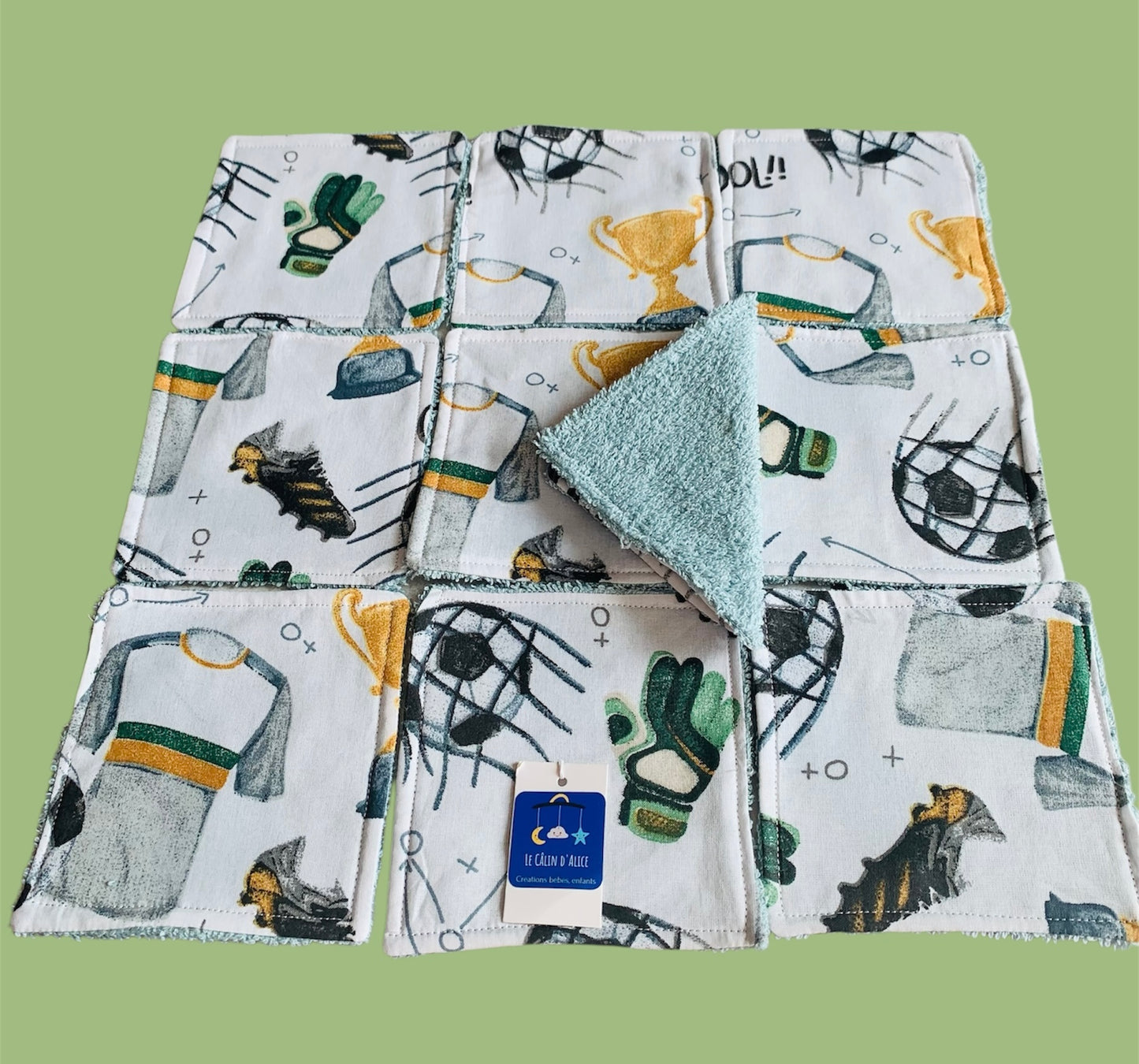 Lot de 10 Lingettes Lavables Bébé Motif Foot – Coton Oeko-Tex Fait Main | Cadeau Naissance