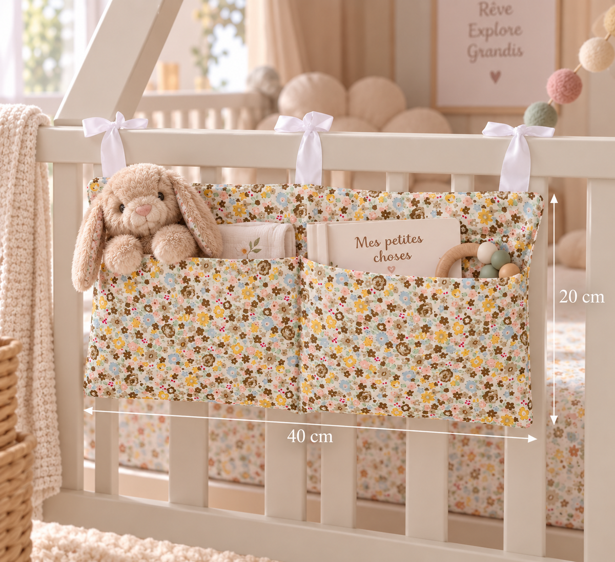 Range-doudou bébé fleurs tricolores, organisateur de lit fait main