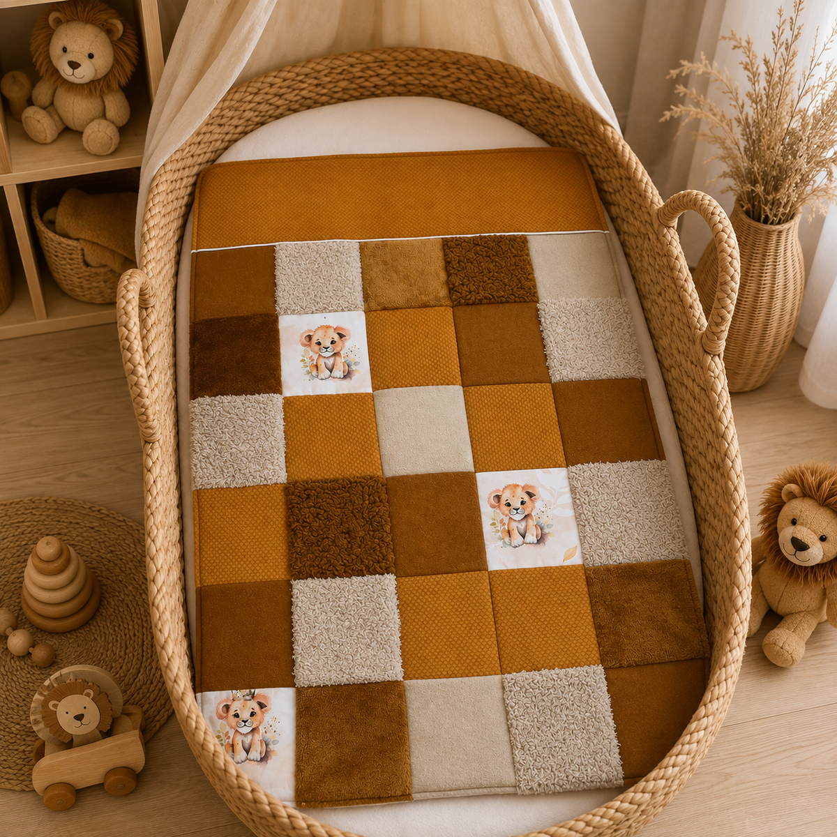 Couverture patchwork moutarde motif lion