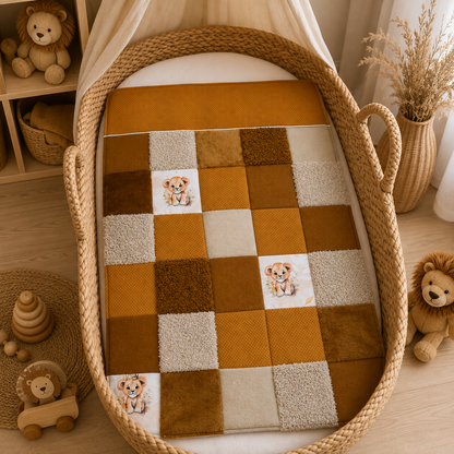 Couverture patchwork moutarde motif lion