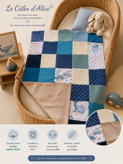 Couverture patchwork bleu motif animaux de la mer
