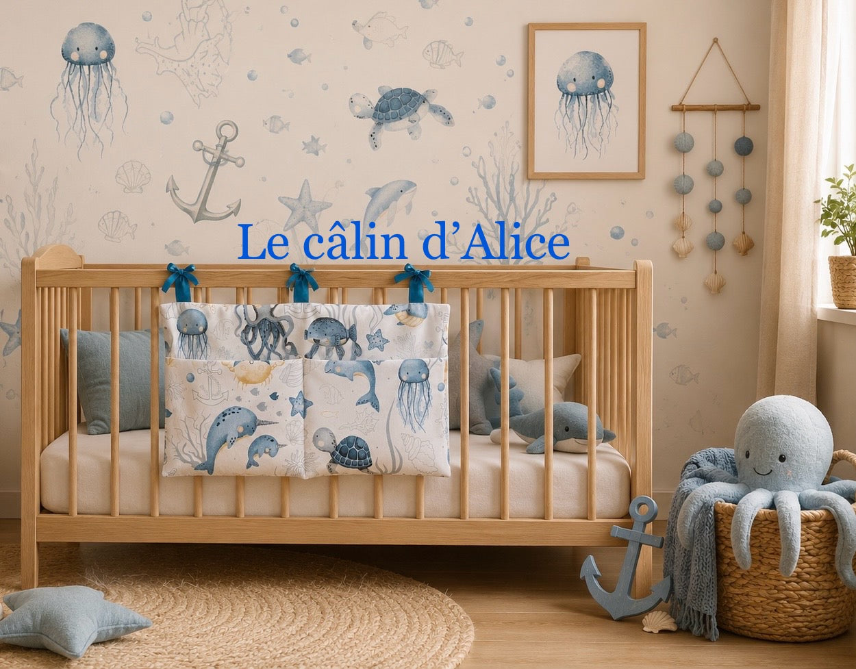 Range Doudou Bébé Motif Animaux de la Mer – Organisateur de Lit Fait Main | Cadeau Naissance