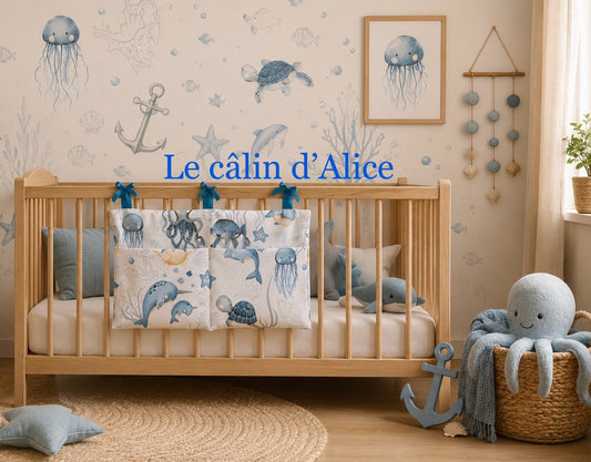 Range Doudou Bébé Motif Animaux de la Mer – Organisateur de Lit Fait Main | Cadeau Naissance
