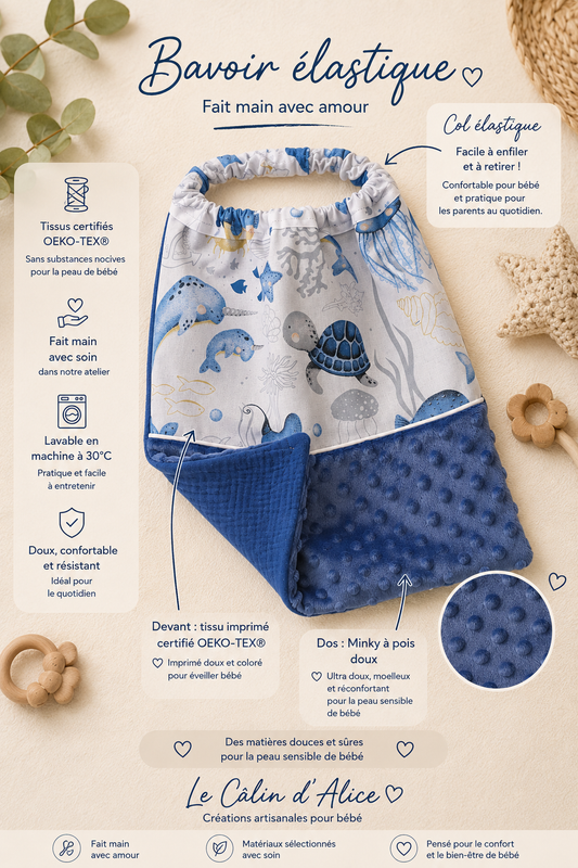 Bavoir élastique bébé animaux marins et minky à pois fait main – Le Câlin d'Alice
