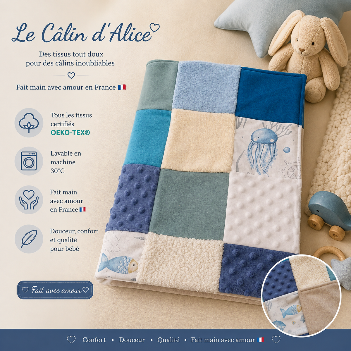 Couverture patchwork bleu motif animaux de la mer