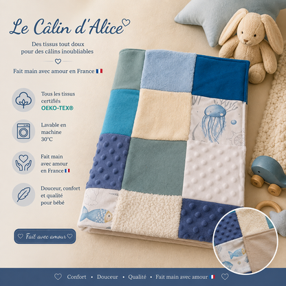 Couverture patchwork bleu motif animaux de la mer