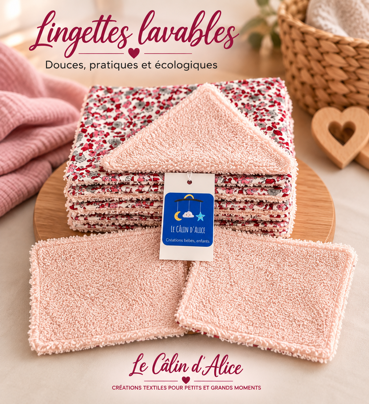 Lot de lingettes bébé réutilisables en coton certifié Oeko-Tex®