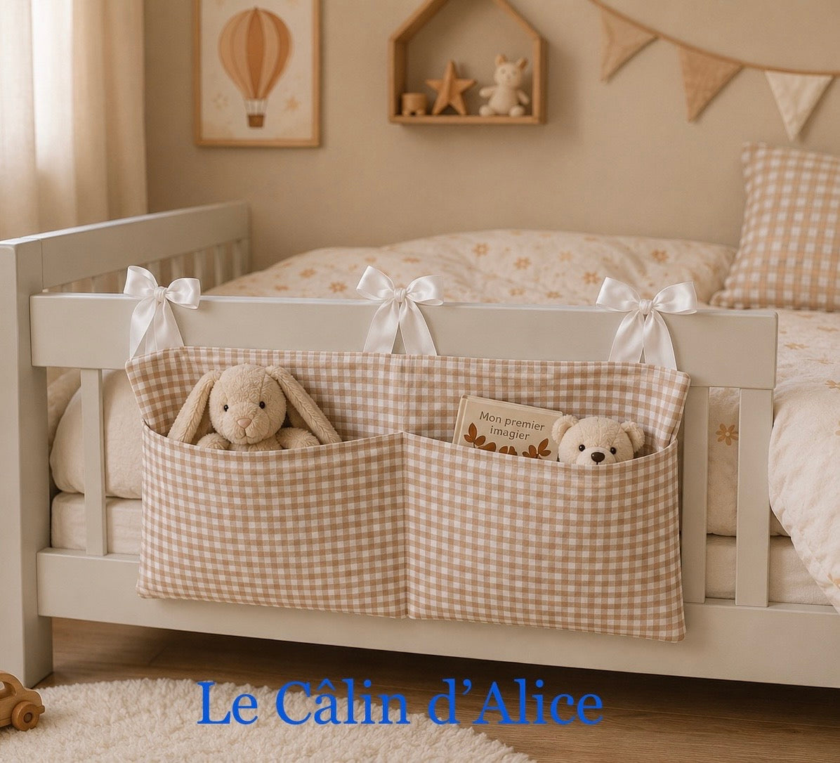 Range Doudou Bébé Motif Vichy Beige – Organisateur de Lit Fait Main | Cadeau Naissance
