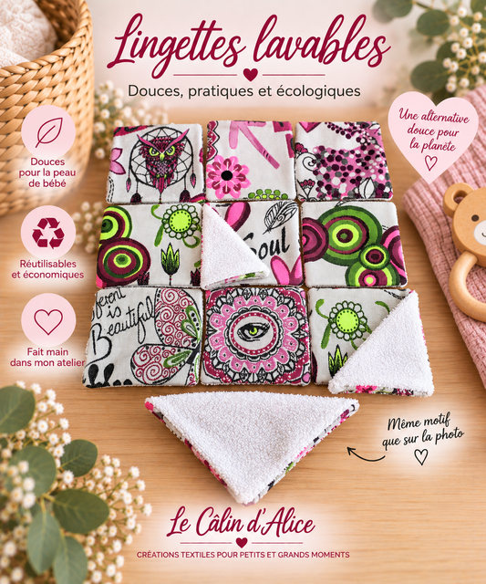 Lot de 10 lingettes lavables bébé motif Bohème fleuri