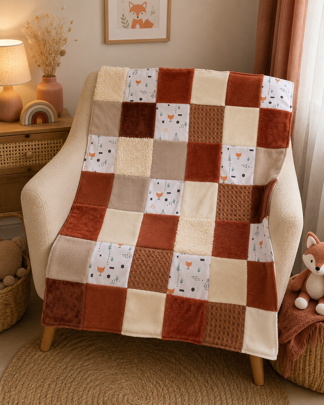 Couverture patchwork motif renard