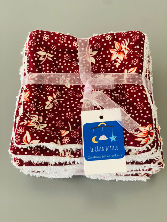 Lot de 8 Lingettes Lavables Bébé Motif Fleuri Fond Rouge – Coton Oeko-Tex Fait Main | Cadeau Naissance