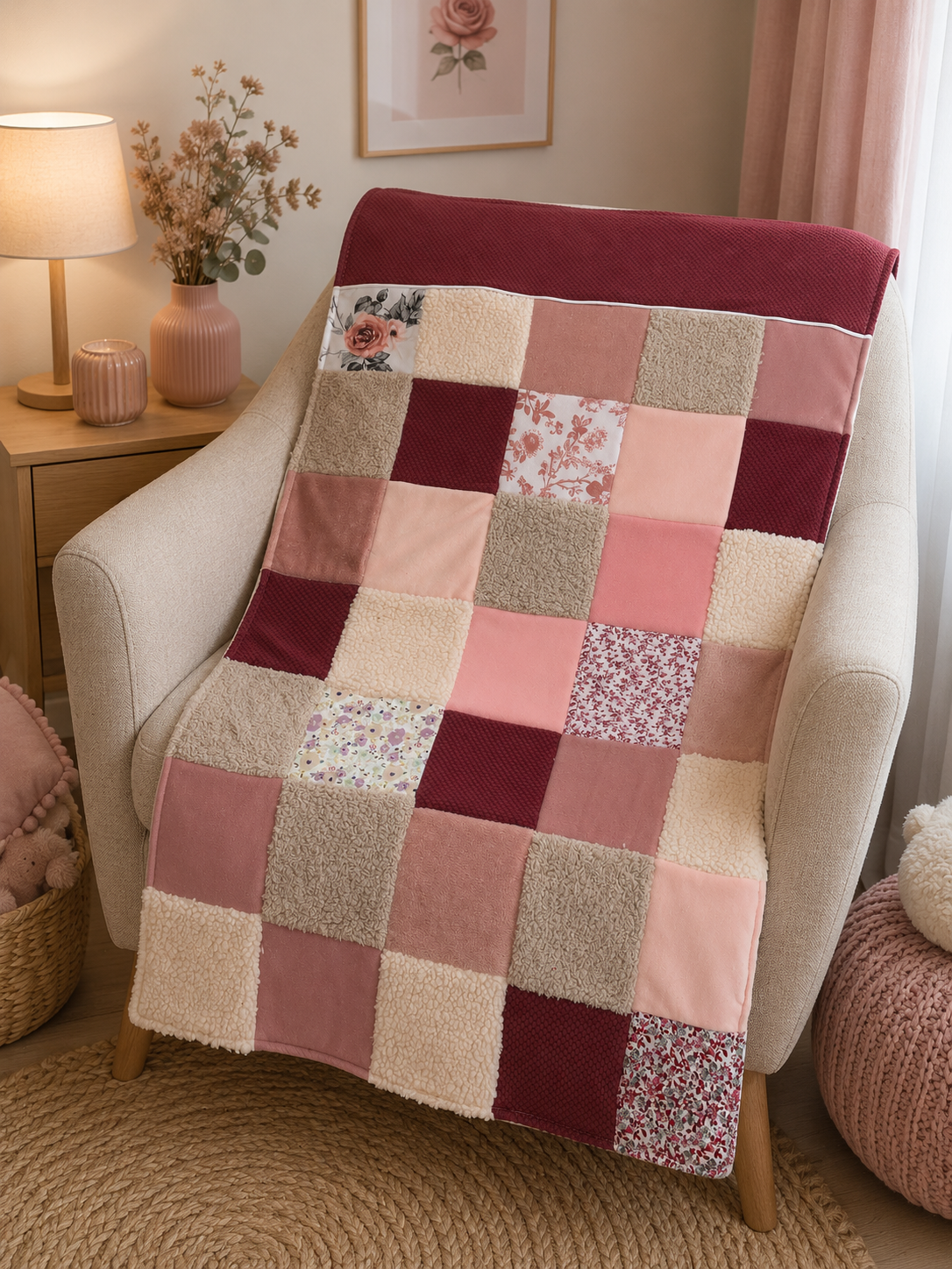 Couverture patchwork rose motif fleurs