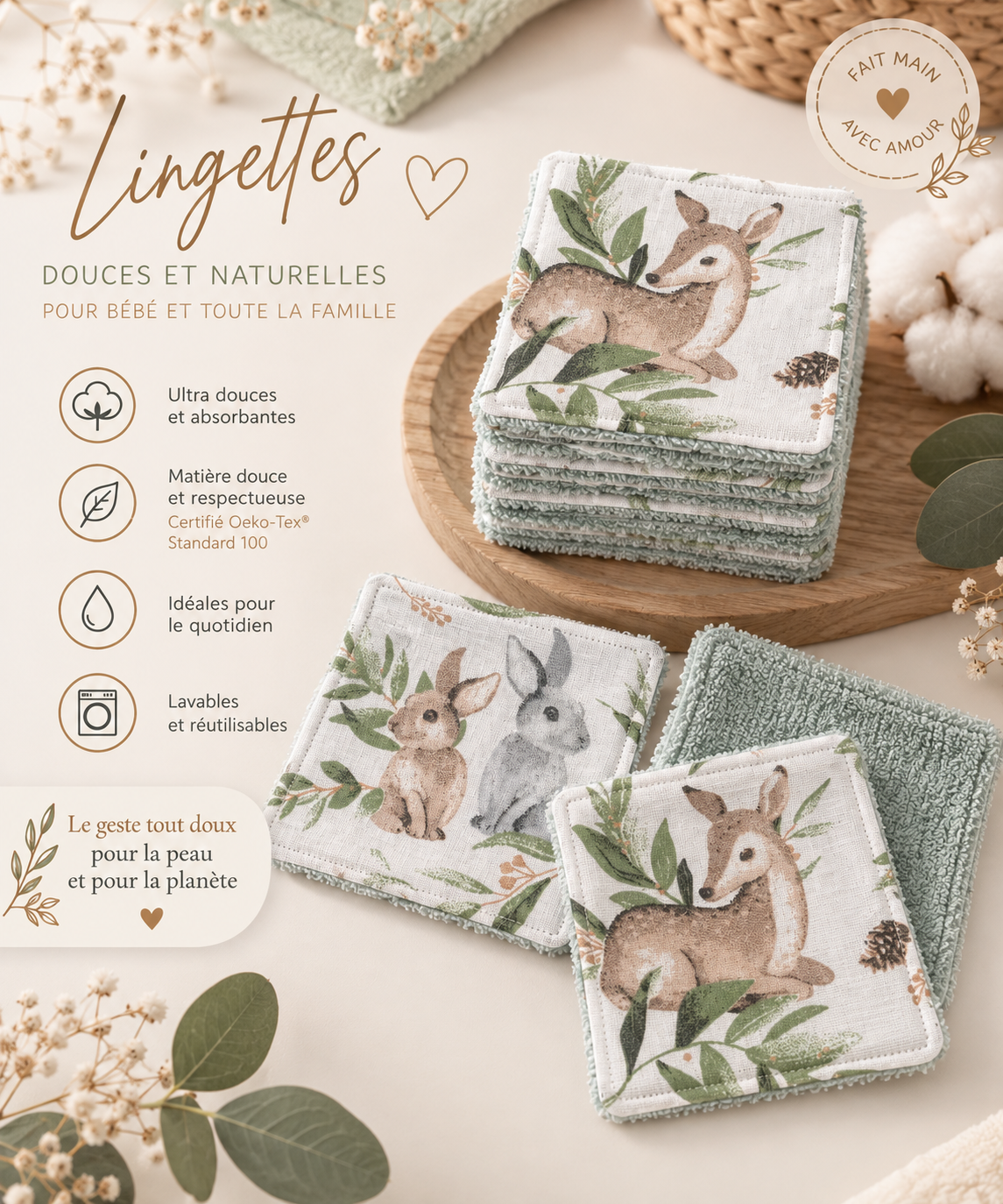 Lingettes lavable bébé motif animaux de la forêt