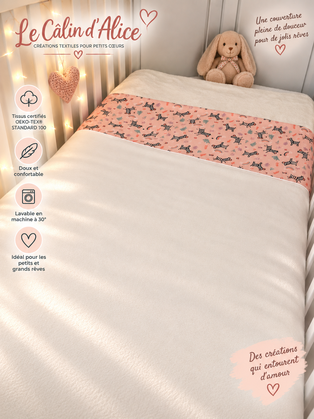 Couverture bébé motif zèbre présentée dans une chambre d’enfant