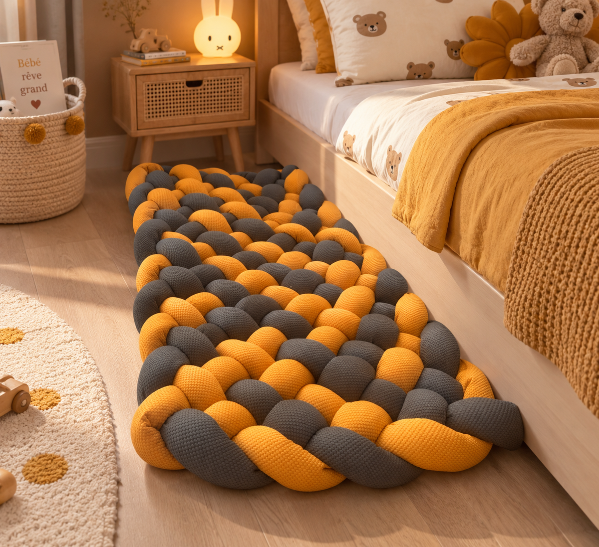 Tapis tressé moutarde et gris foncé en tissu nid d’abeille dans une chambre enfant
