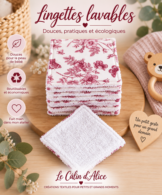Lot de 10 lingettes lavables bébé motif fleur et papillon