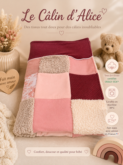 Couverture patchwork rose motif fleurs