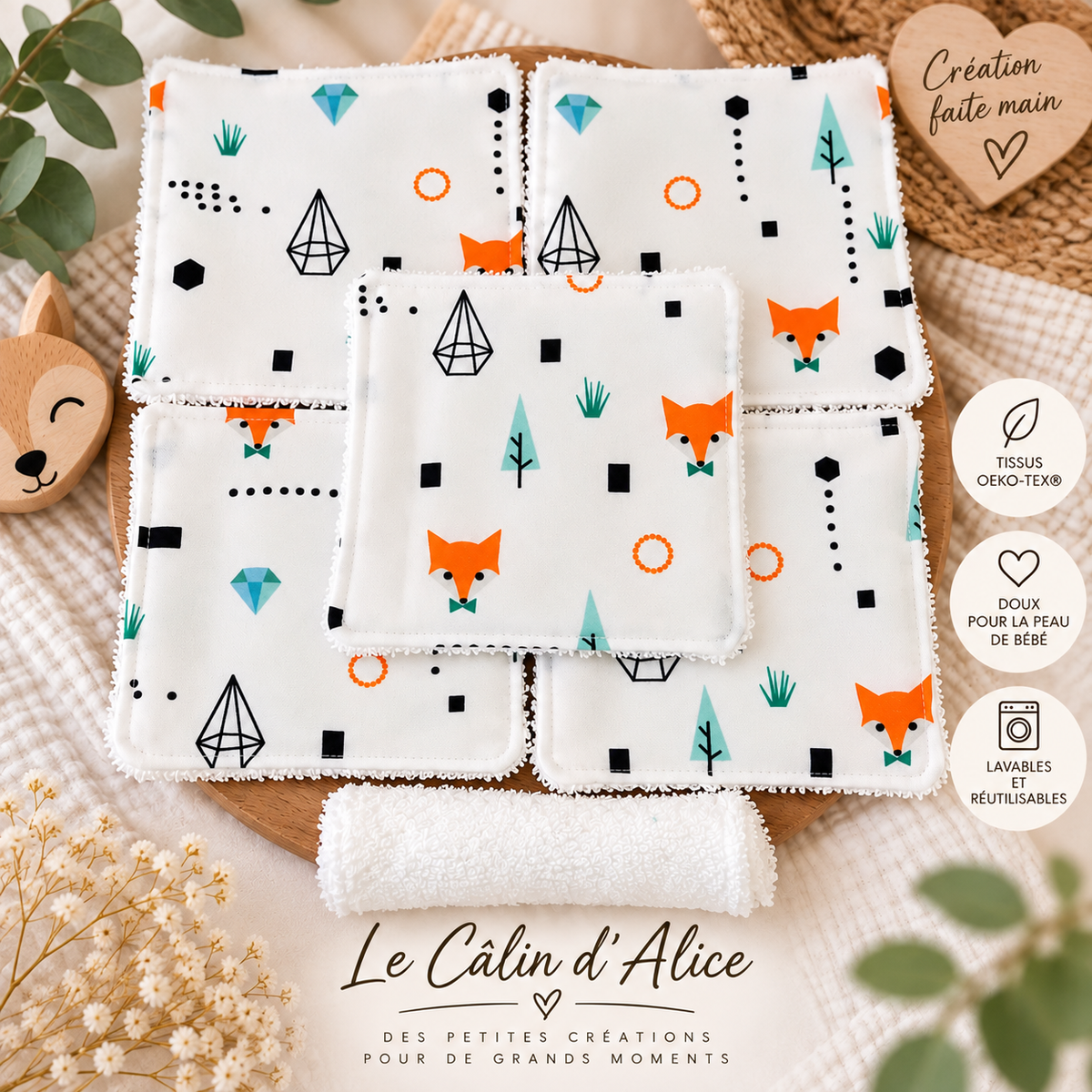 Lot de lingettes bébé réutilisables en coton éponge blanc