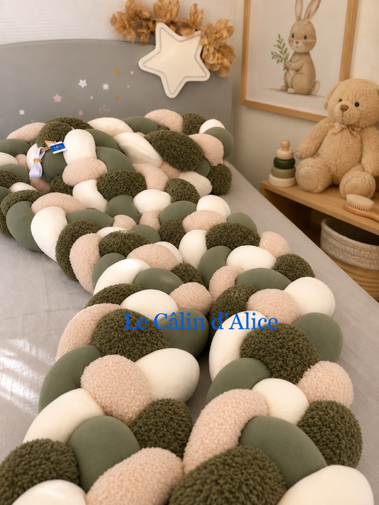Tresse de lit 4 brins beige, vert lisse, vert kaki bouclette et blanc
