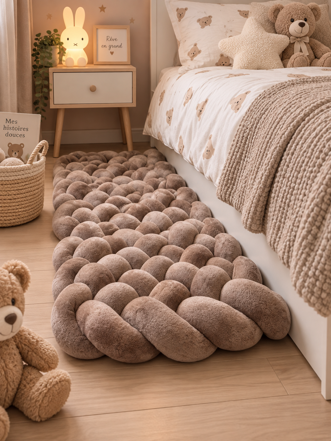 Tapis tressé en tissu minky doudou moka pour chambre bébé