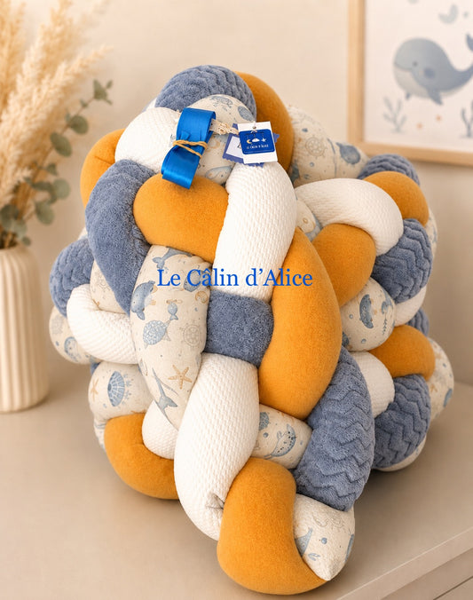 Tresse de lit 4 brins – Blanc nid d'abeilles, jaune, bleu & imprimé animaux marins