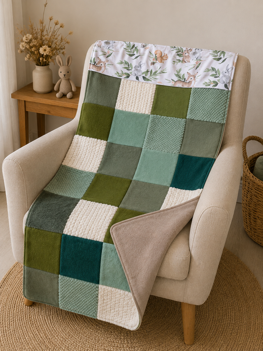 Couverture bébé patchwork vert motifs biche et écureuil, pièce unique