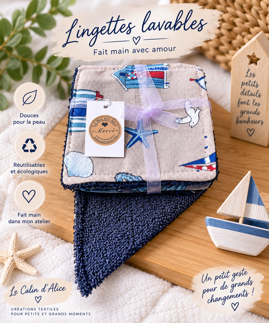 Lot de 5 lingettes lavables bébé motif marin