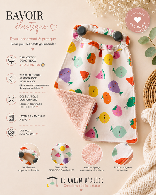 Bavoir élastique bébé imprimé fruits et éponge saumon fait main – Le Câlin d'Alice